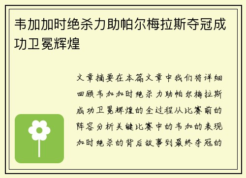 韦加加时绝杀力助帕尔梅拉斯夺冠成功卫冕辉煌